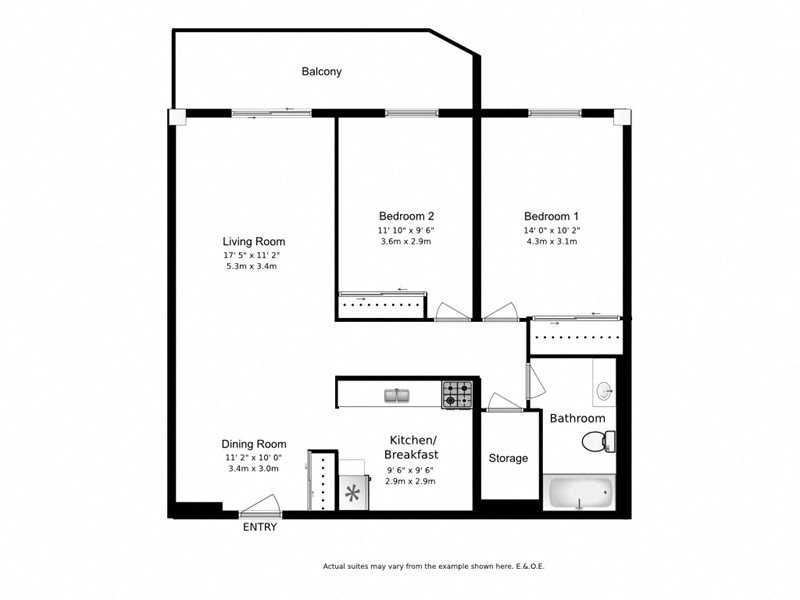 Floor plan for 2 beds, 1 bath, 920 sqft
