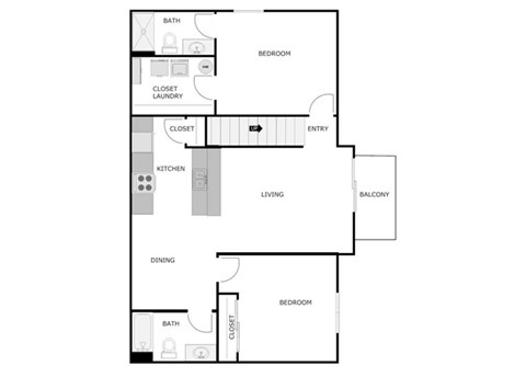 Floor plan for 2 beds, 2 baths, 1075 sqft