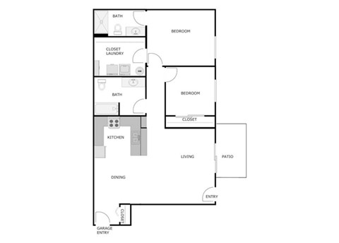 Floor plan for 2 beds, 2 baths, 1067 sqft