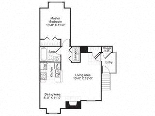 Floor plan for 1 bed, 1 bath, 721 sqft