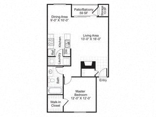 Floor plan for 1 bed, 1 bath, 750 sqft