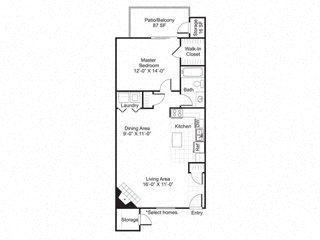 Floor plan for 1 bed, 1 bath, 756 sqft