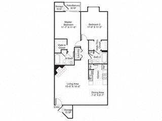 Floor plan for 2 beds, 2 baths, 1054 sqft