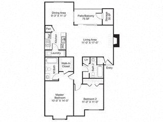 Floor plan for 2 beds, 2 baths, 1067 sqft