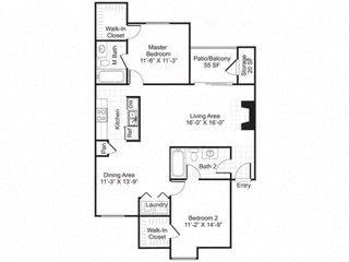 Floor plan for 2 beds, 2 baths, 1105 sqft