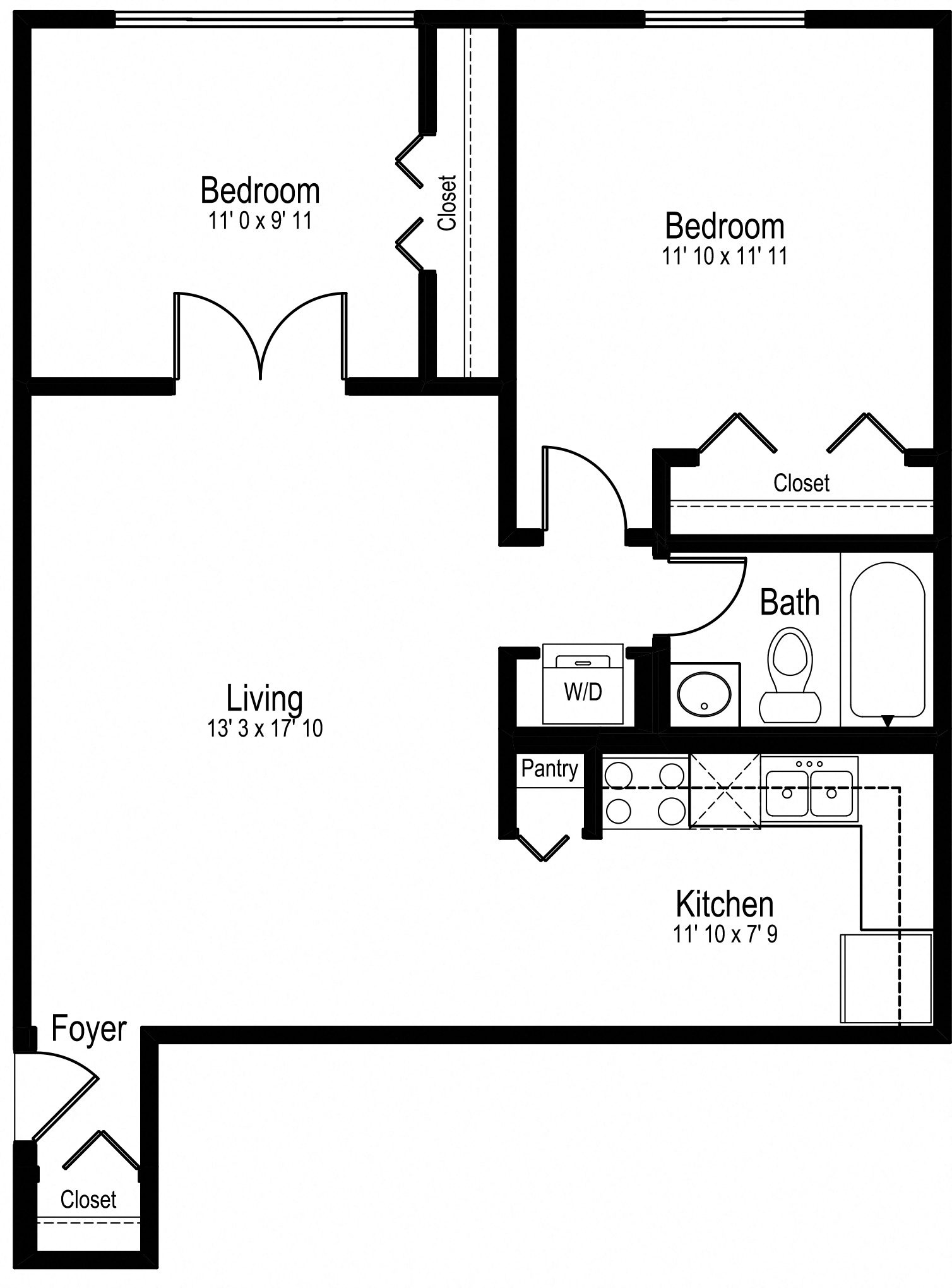 Floor plan for 1 bed, 1 bath, 733 sqft