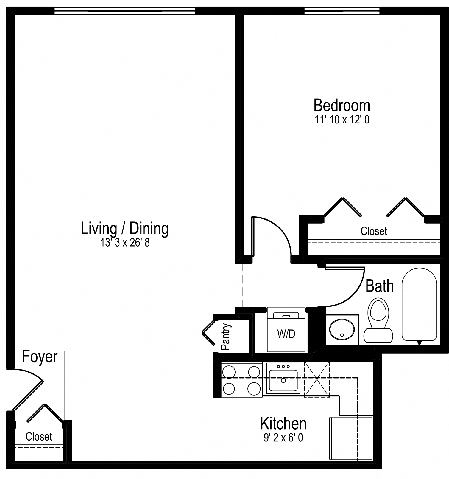 Floor plan for 1 bed, 1 bath, 645 sqft
