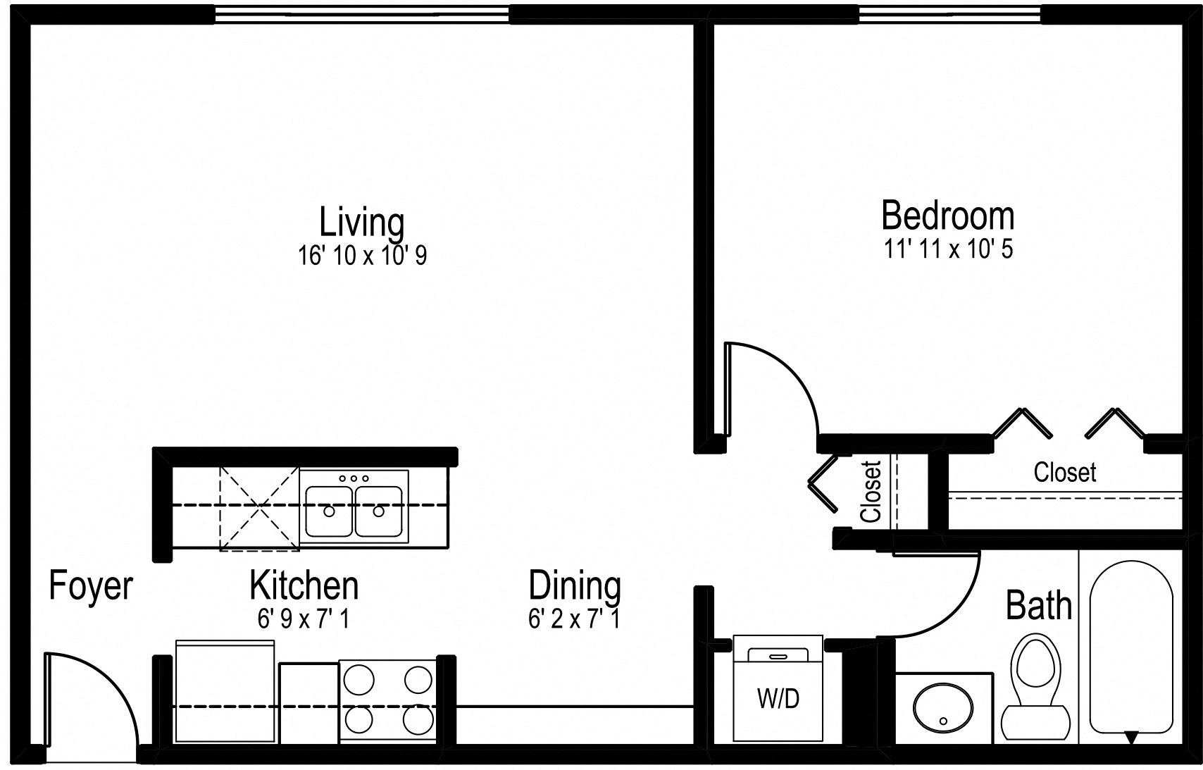 Floor plan for 1 bed, 1 bath, 525 sqft