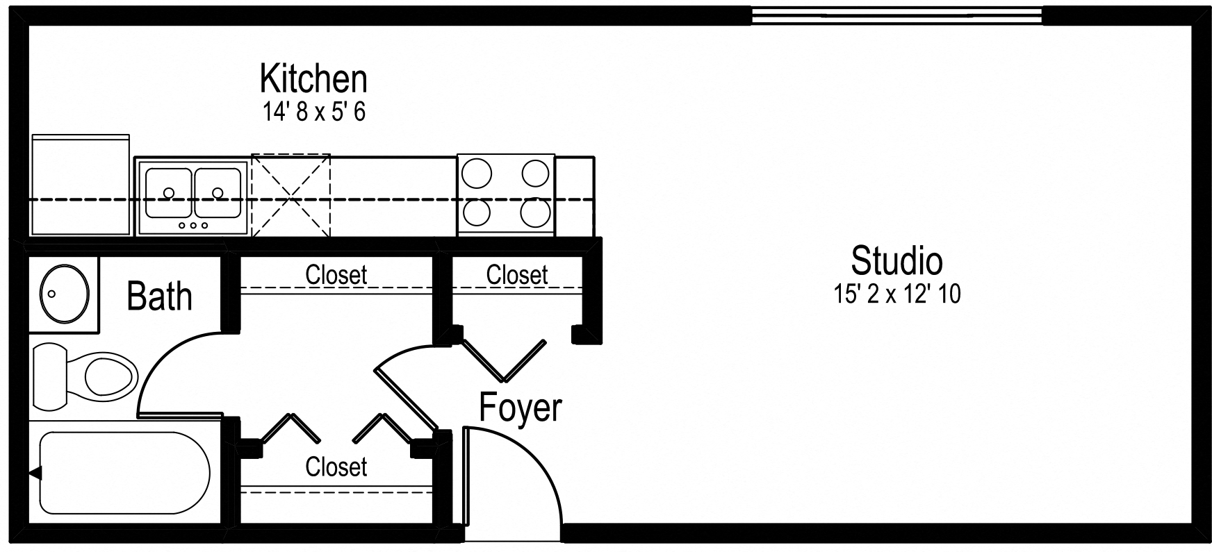 Floor plan for studio, 1 bath, 375 sqft