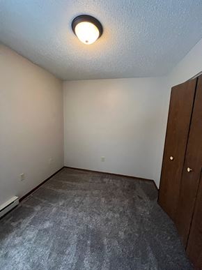 Moorhead apartment for rent - A room with a grey carpet and a wooden wardrobe.
