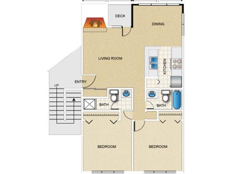 Floor plan for 2 beds, 2 baths, 975 sqft