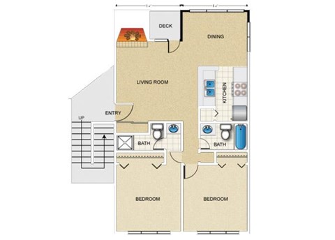 Floor plan for 2 beds, 2 baths, 975 sqft
