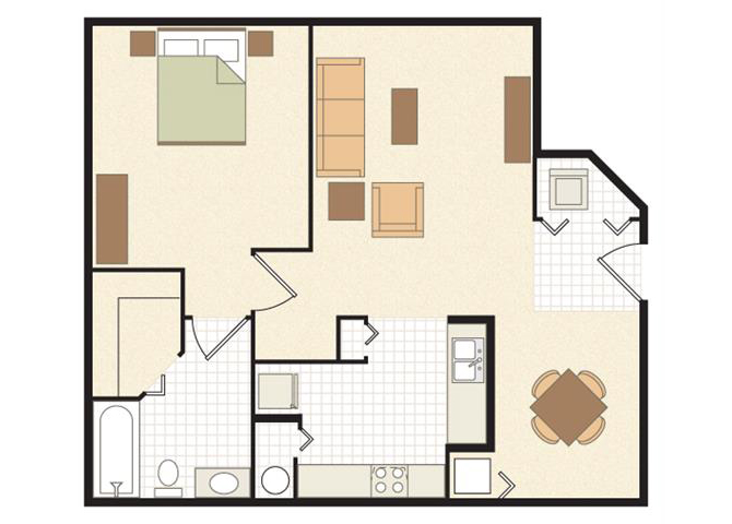 Floor plan for 1 bed, 1 bath, 674 sqft