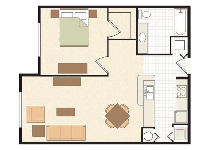 Floor plan for 1 bed, 1 bath, 692 sqft