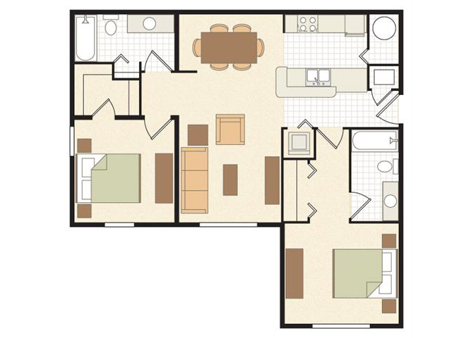 Floor plan for 2 beds, 2 baths, 918 sqft