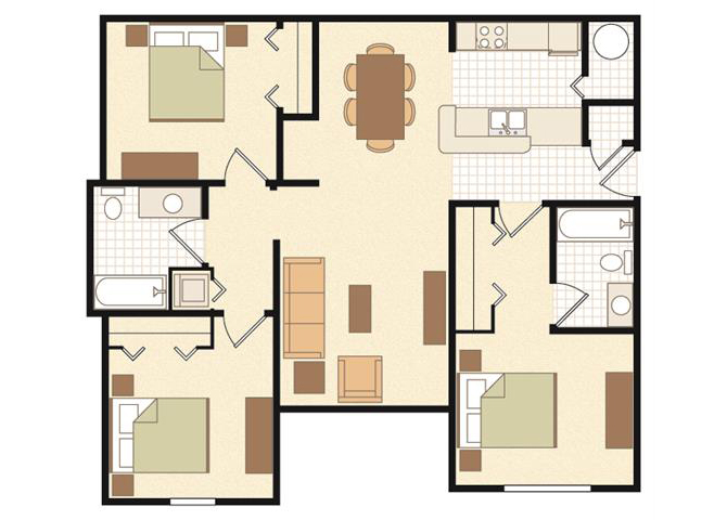 Floor plan for 3 beds, 2 baths, 1087 sqft