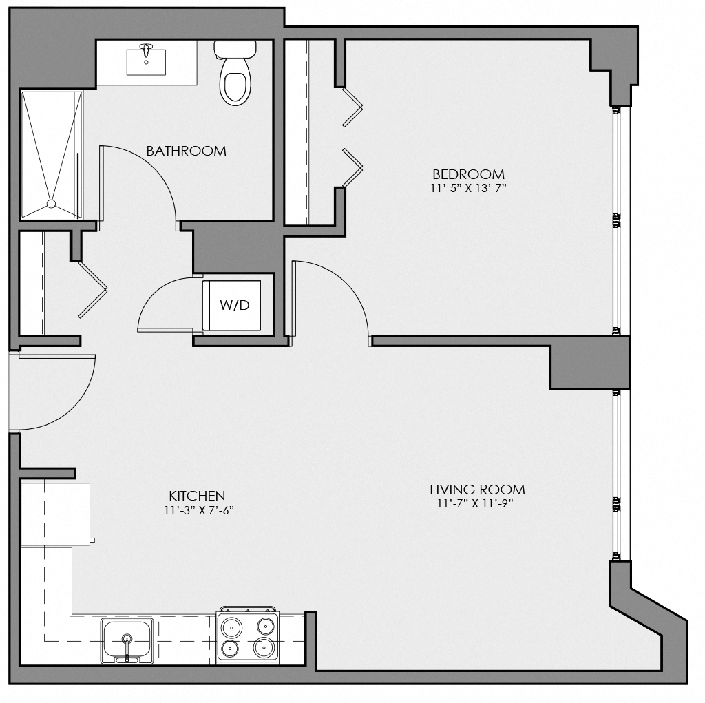 Floor plan for 1 bed, 1 bath, 638 sqft