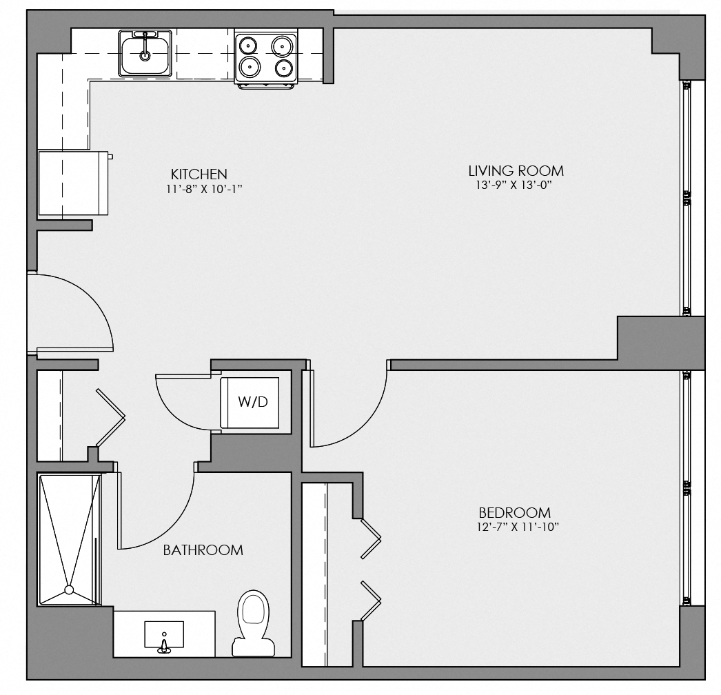 Floor plan for 1 bed, 1 bath, 674 sqft