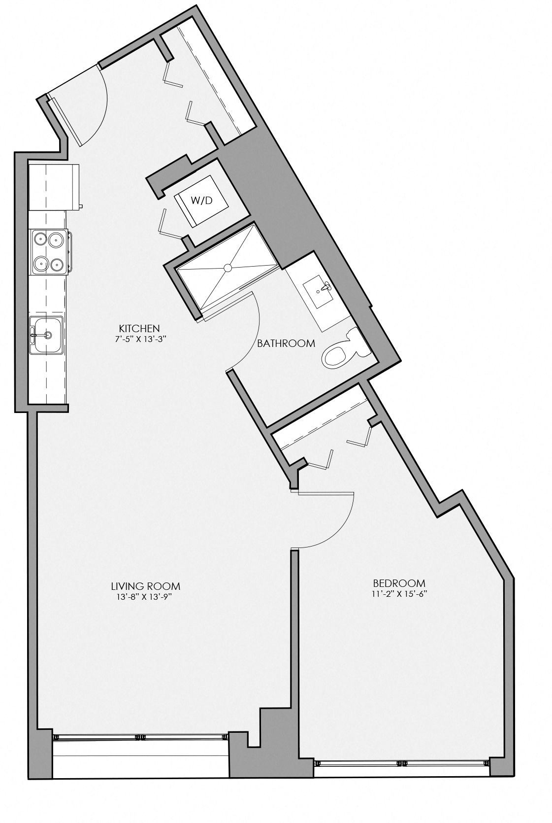 Floor plan for 1 bed, 1 bath, 761 sqft