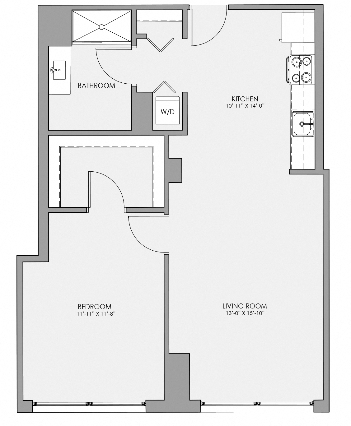 Floor plan for 1 bed, 1 bath, 809 sqft