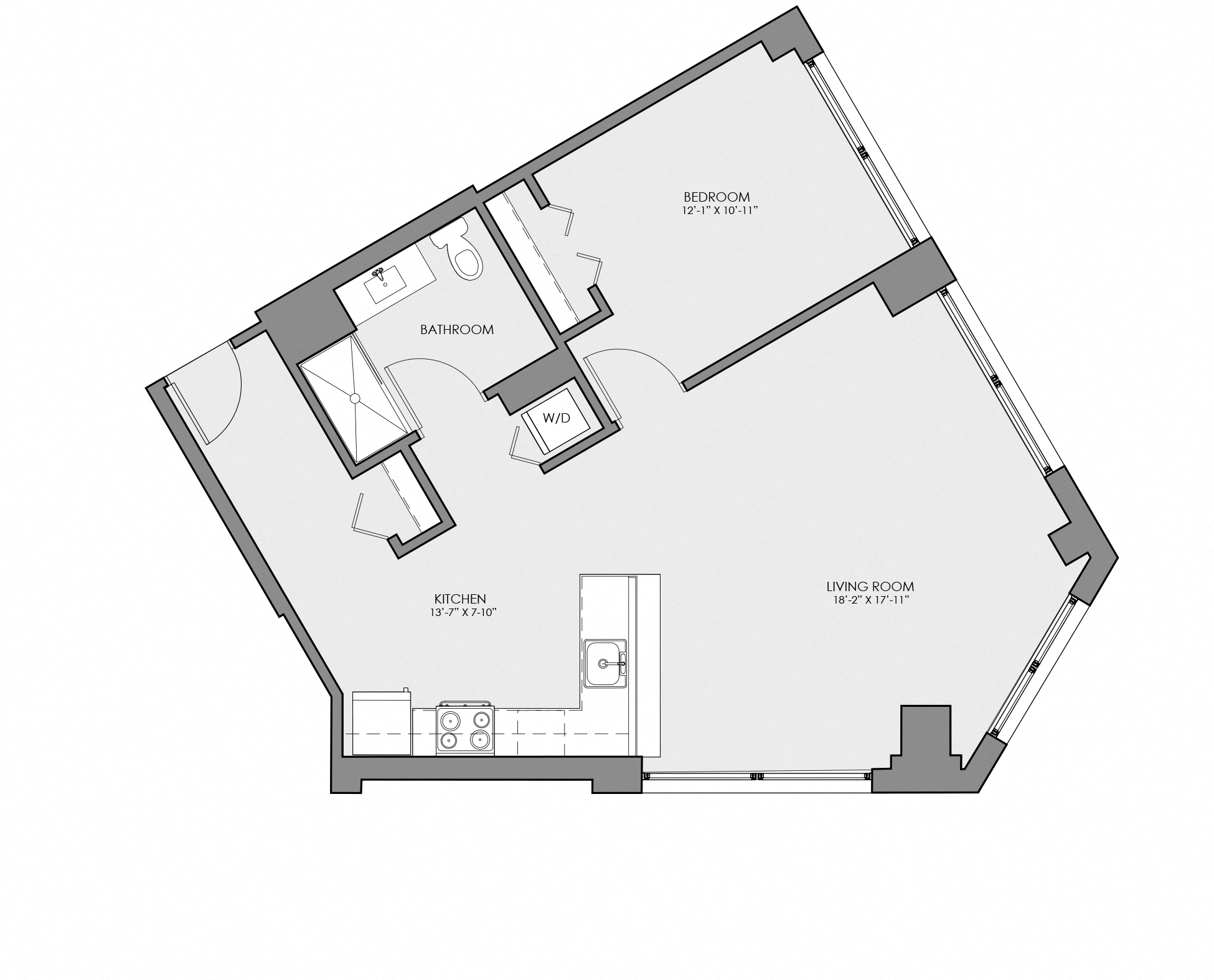Floor plan for 1 bed, 1 bath, 885 sqft