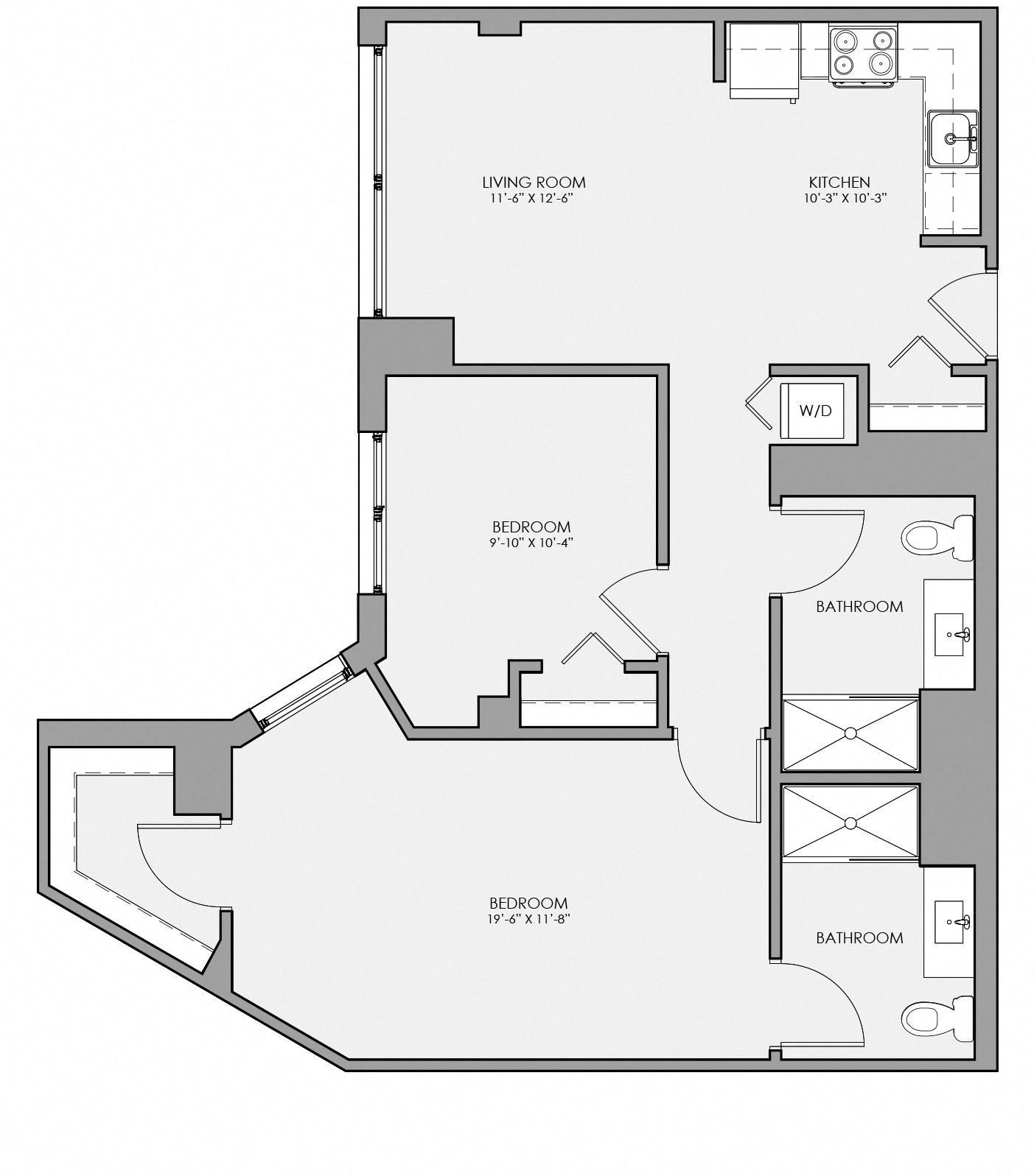 Floor plan for 2 beds, 2 baths, 1054 sqft