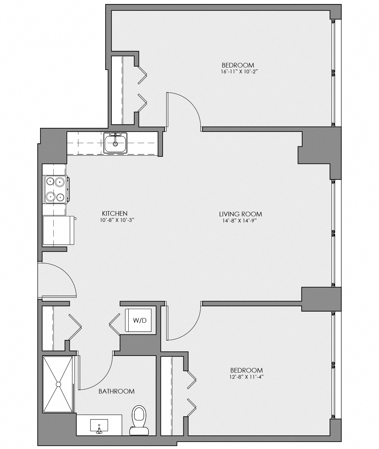 Floor plan for 2 beds, 1 bath, 840 sqft