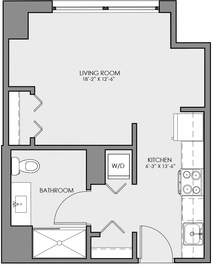 Floor plan for studio, 1 bath, 436 sqft