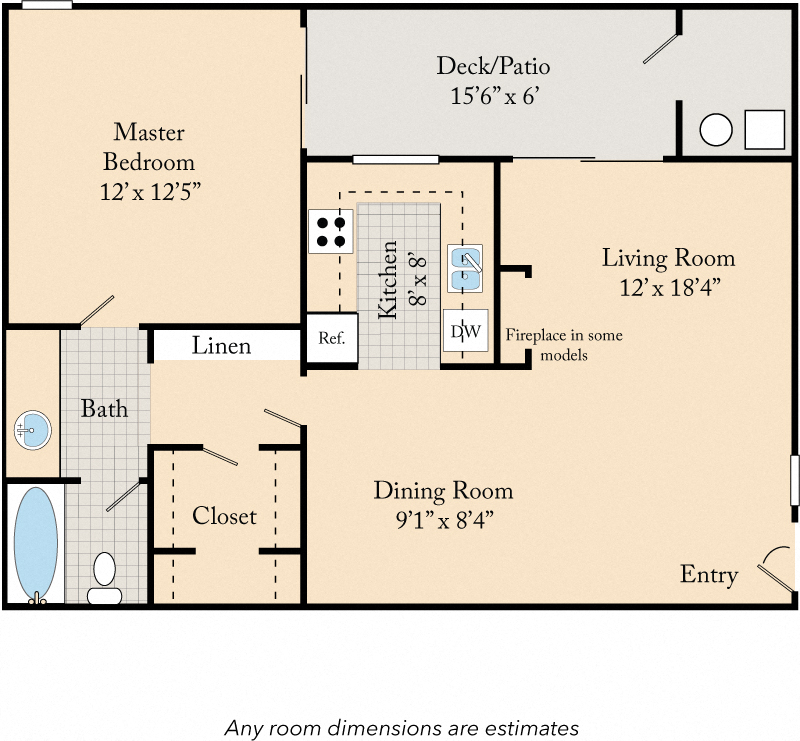 Floor plan for 1 bed, 1 bath, 743 sqft
