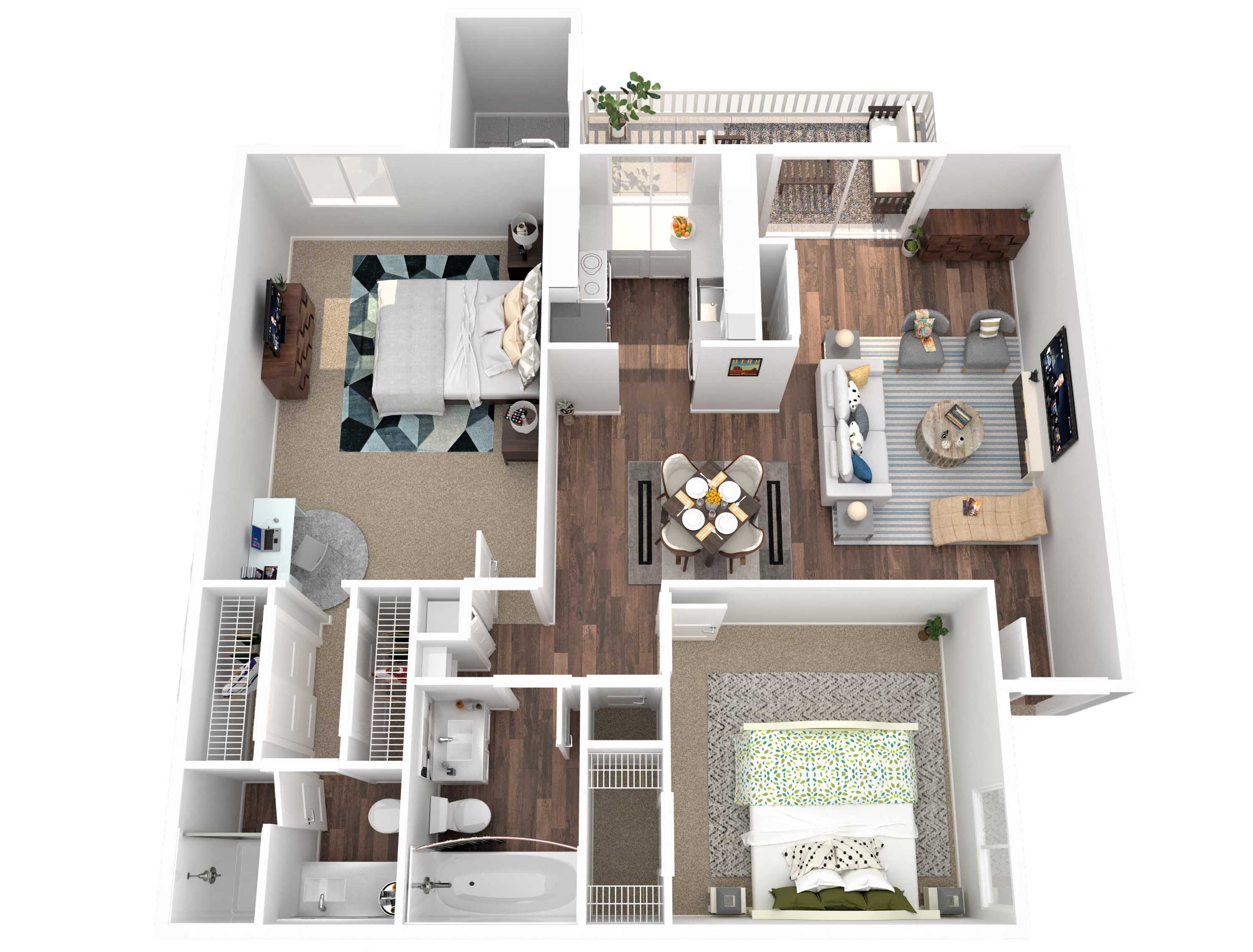 Floor plan for 2 beds, 2 baths, 990 sqft