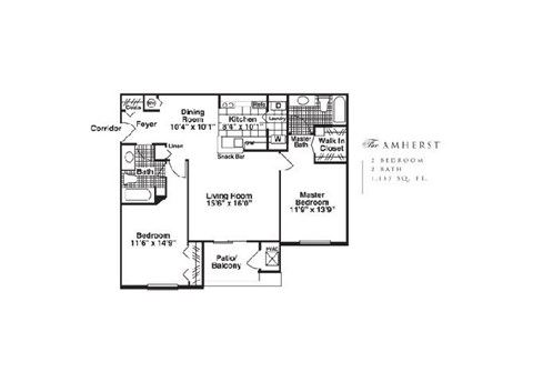 Floor plan for 2 beds, 2 baths, 1135 sqft