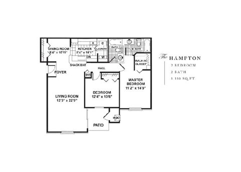 Floor plan for 2 beds, 2 baths, 1110 sqft
