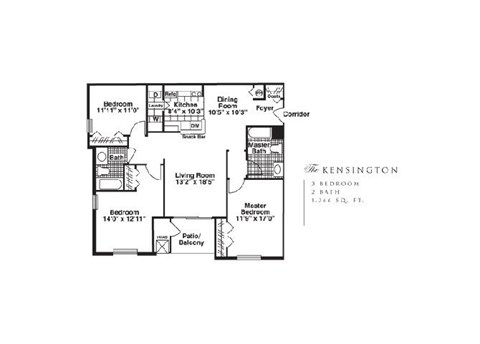 Floor plan for 3 beds, 2 baths, 1366 sqft