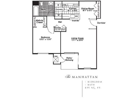 Floor plan for 1 bed, 1 bath, 895 sqft