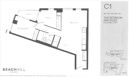 Floor plan for 2 beds, 1 bath, 713 sqft