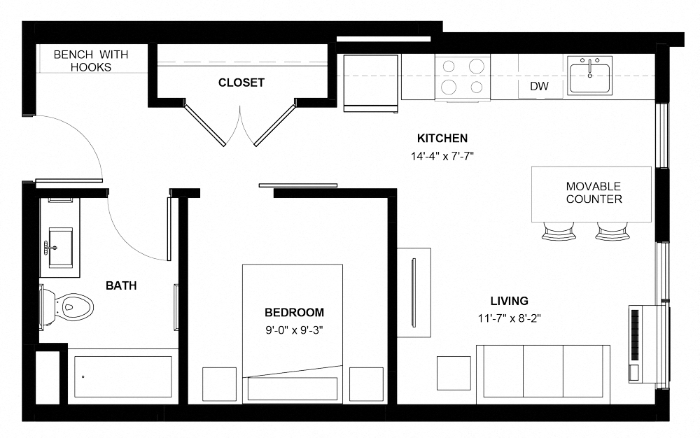 Floor plan for 1 bed, 1 bath, 493 sqft