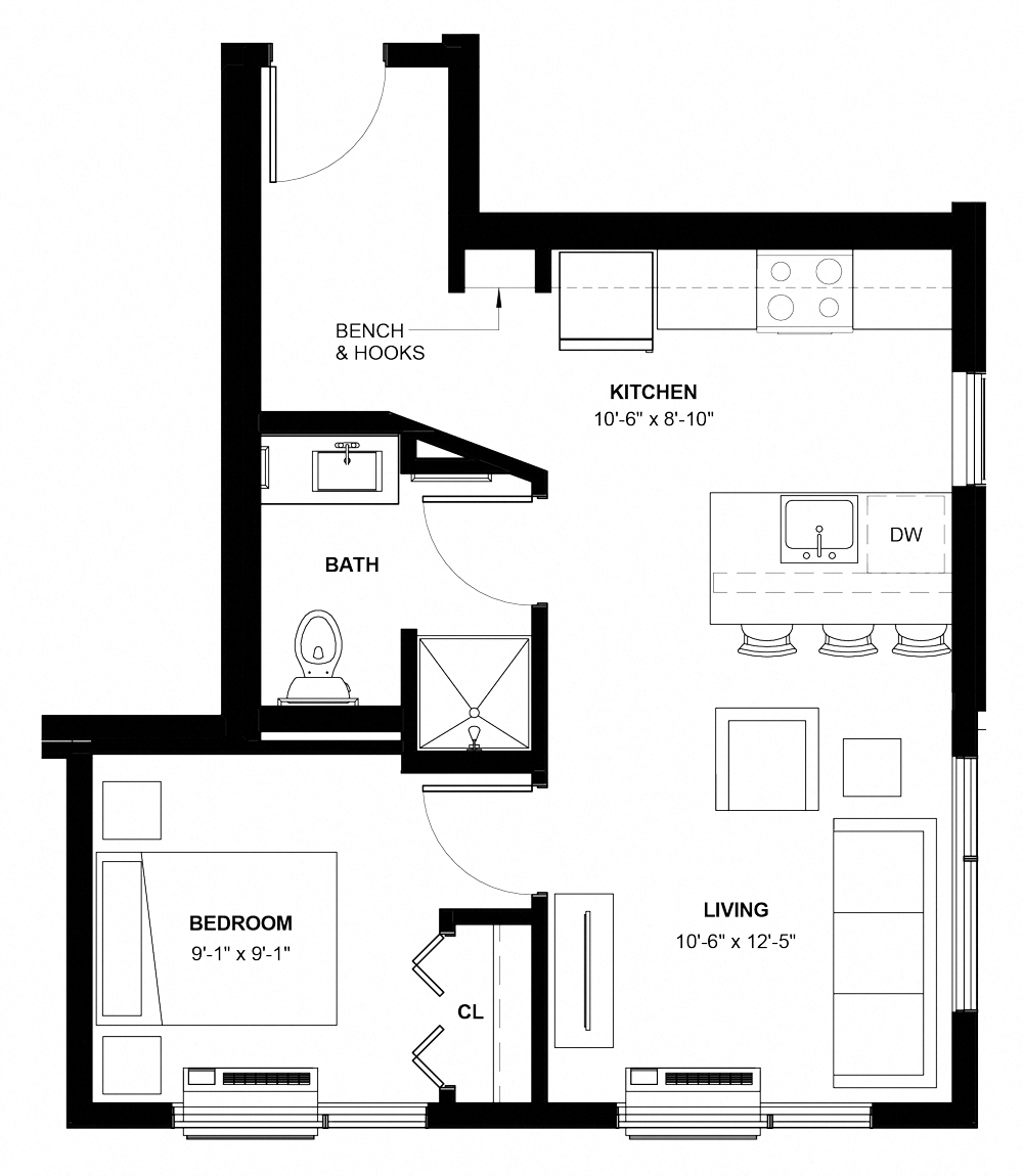Floor plan for 1 bed, 1 bath, 515 sqft