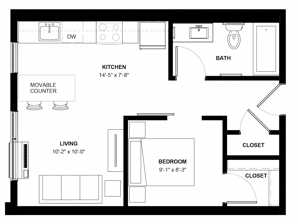 Floor plan for 1 bed, 1 bath, 489 sqft