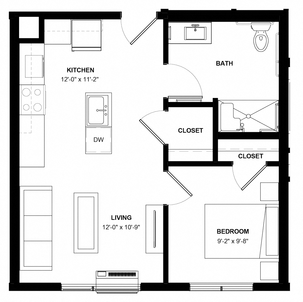Floor plan for 1 bed, 1 bath, 507 sqft