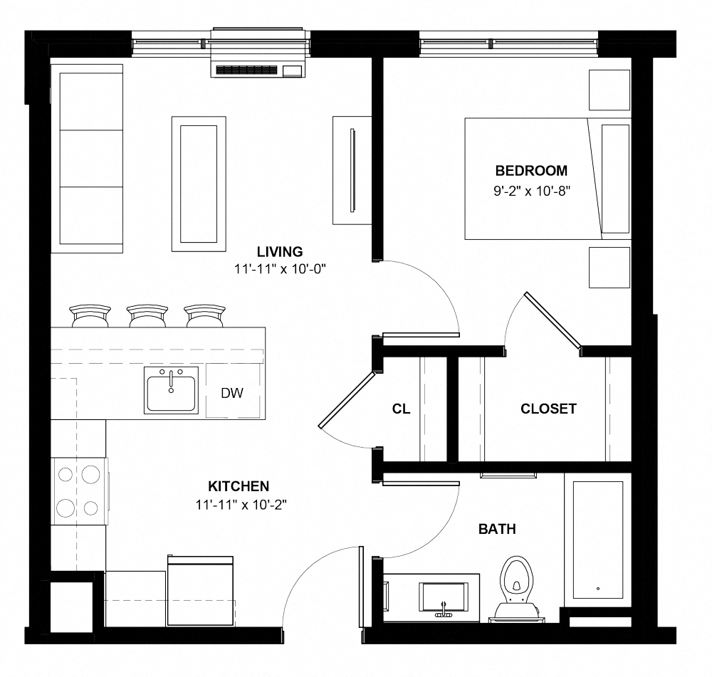 Floor plan for 1 bed, 1 bath, 507 sqft