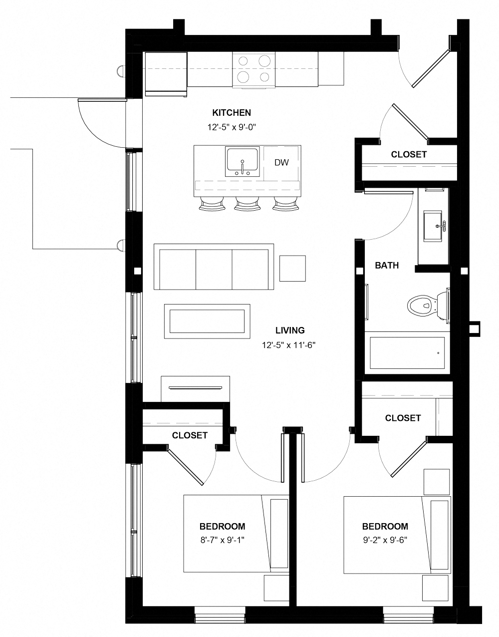 Floor plan for 2 beds, 1 bath, 686 sqft