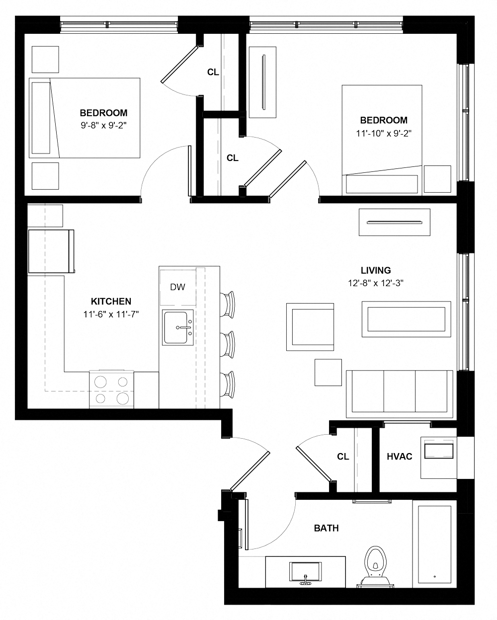 Floor plan for 2 beds, 1 bath, 714 sqft