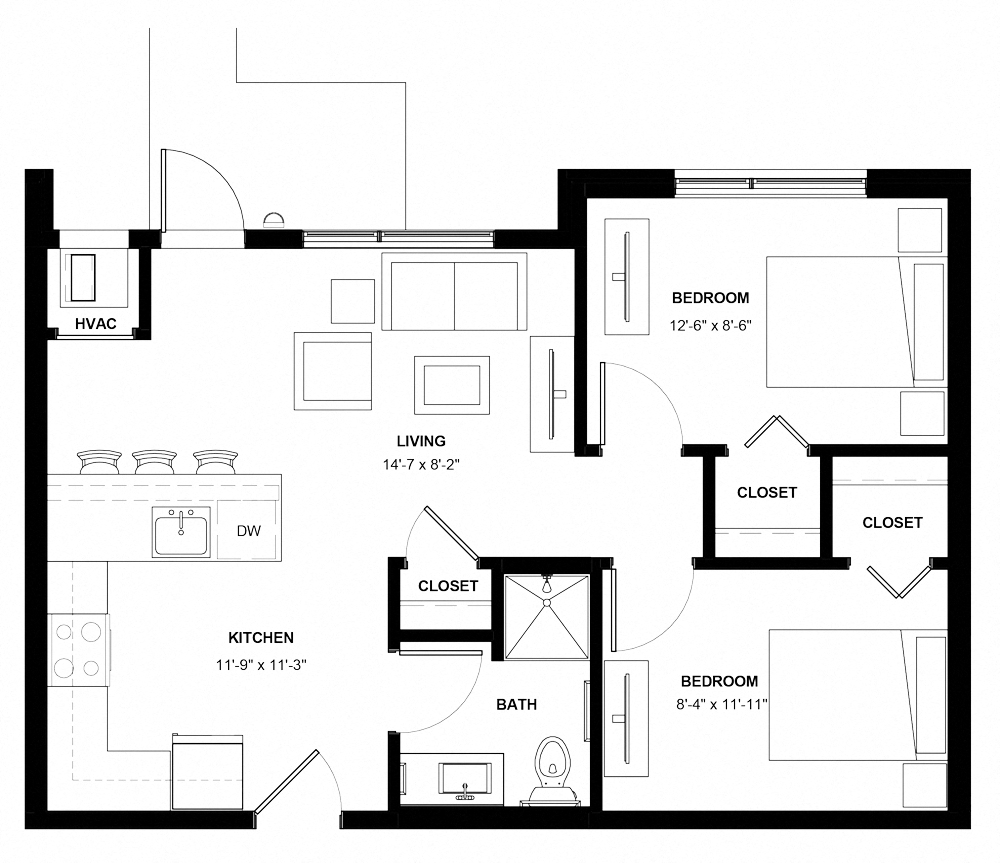Floor plan for 2 beds, 1 bath, 731 sqft