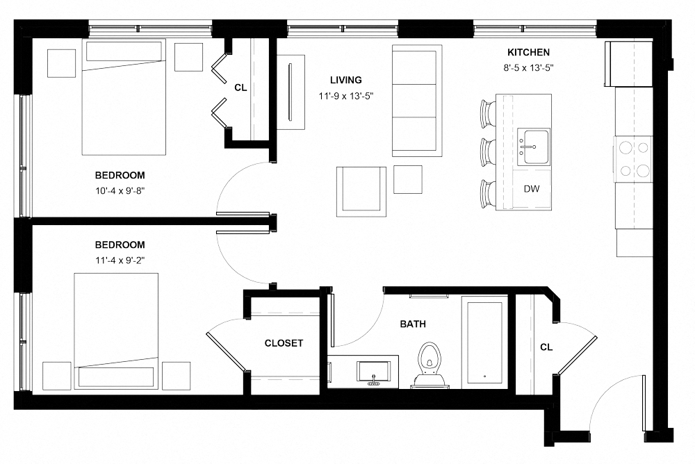 Floor plan for 2 beds, 1 bath, 715 sqft