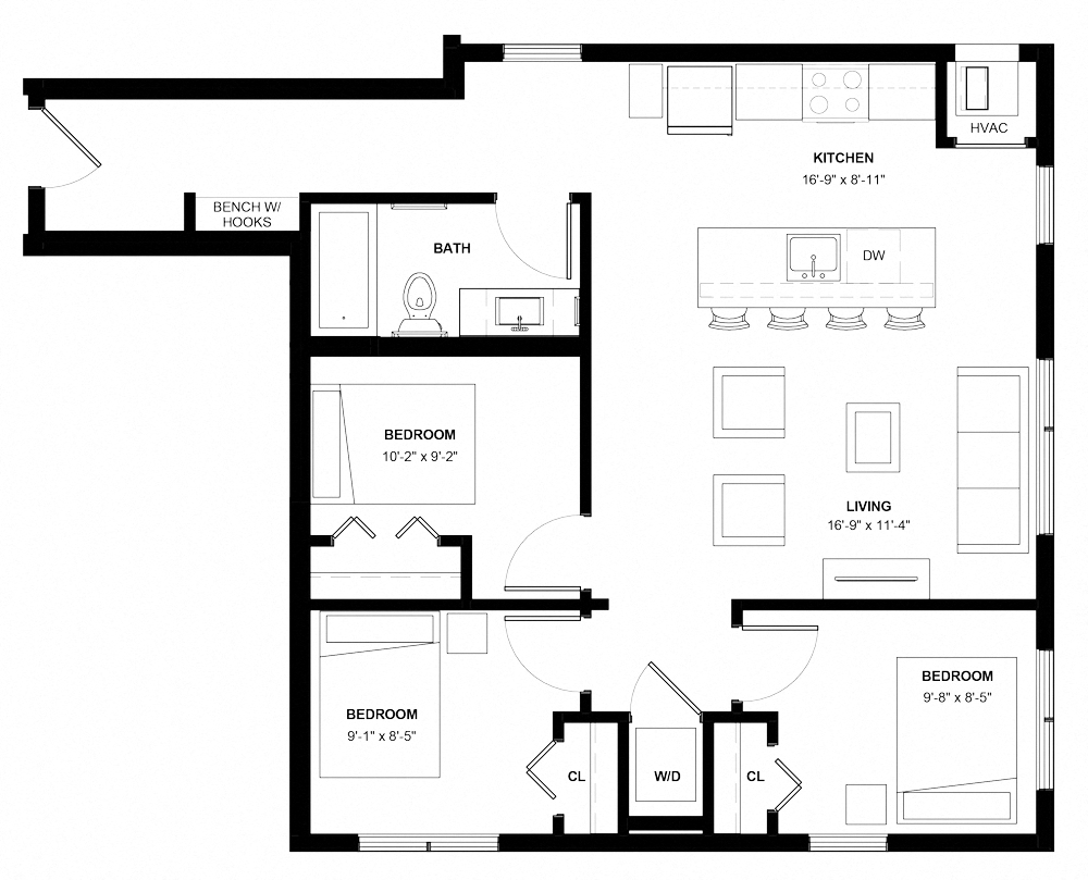 Floor plan for 3 beds, 1 bath, 890 sqft