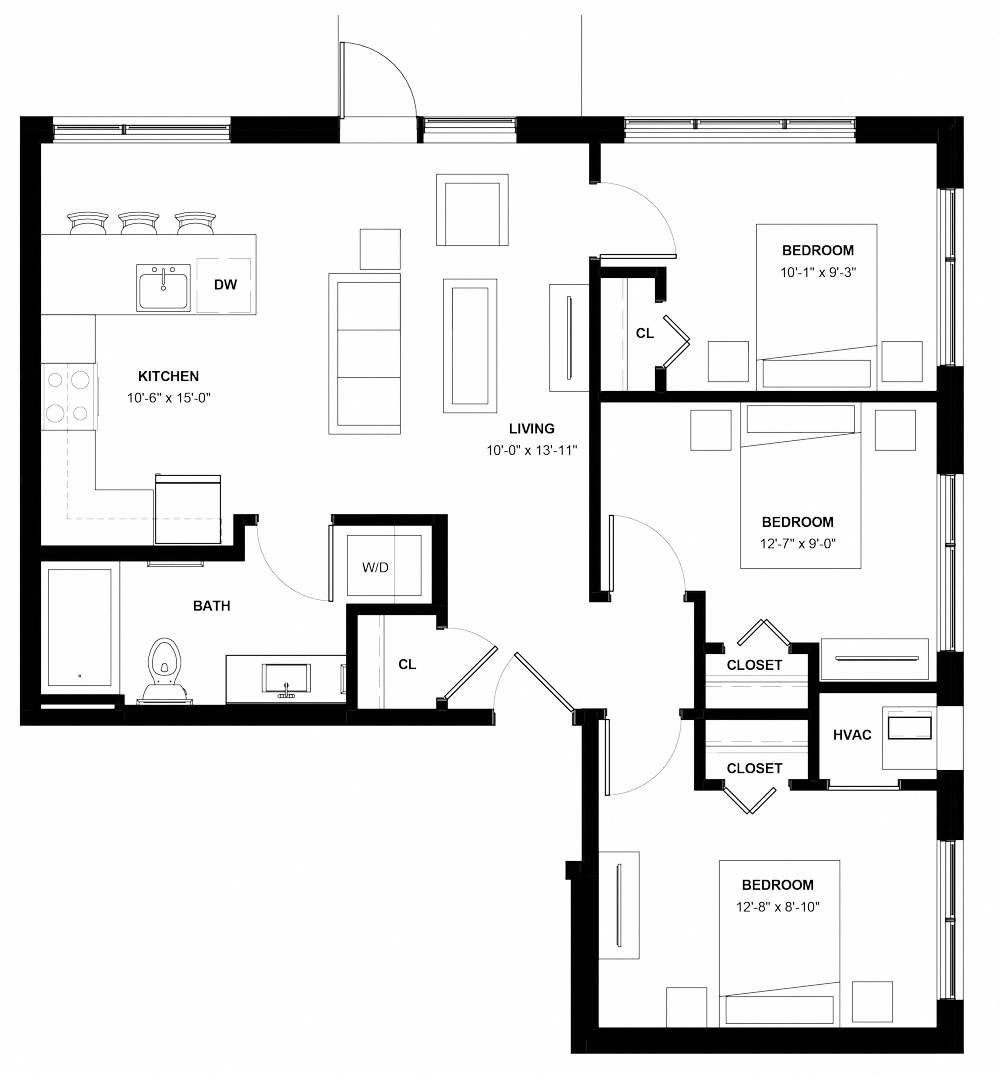 Floor plan for 3 beds, 1 bath, 952 sqft