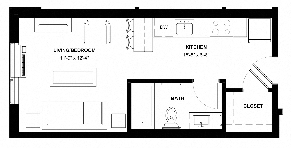 Floor plan for studio, 1 bath, 390 sqft