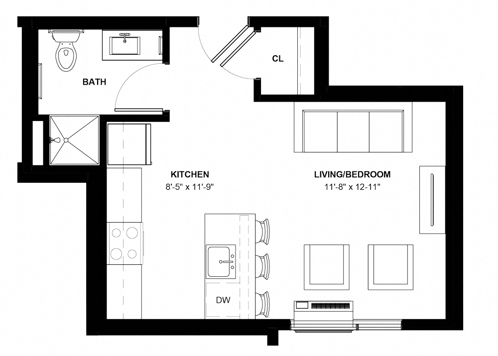 Floor plan for studio, 1 bath, 391 sqft