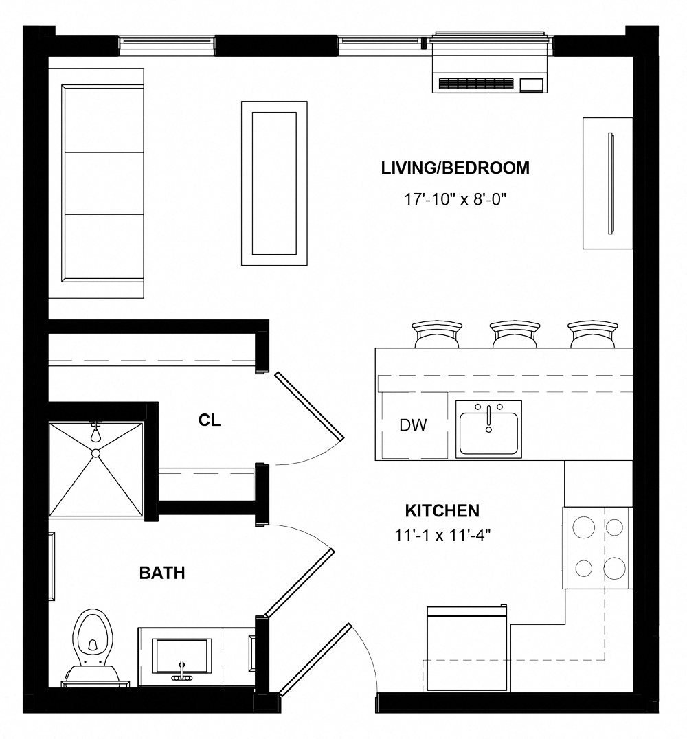 Floor plan for studio, 1 bath, 384 sqft
