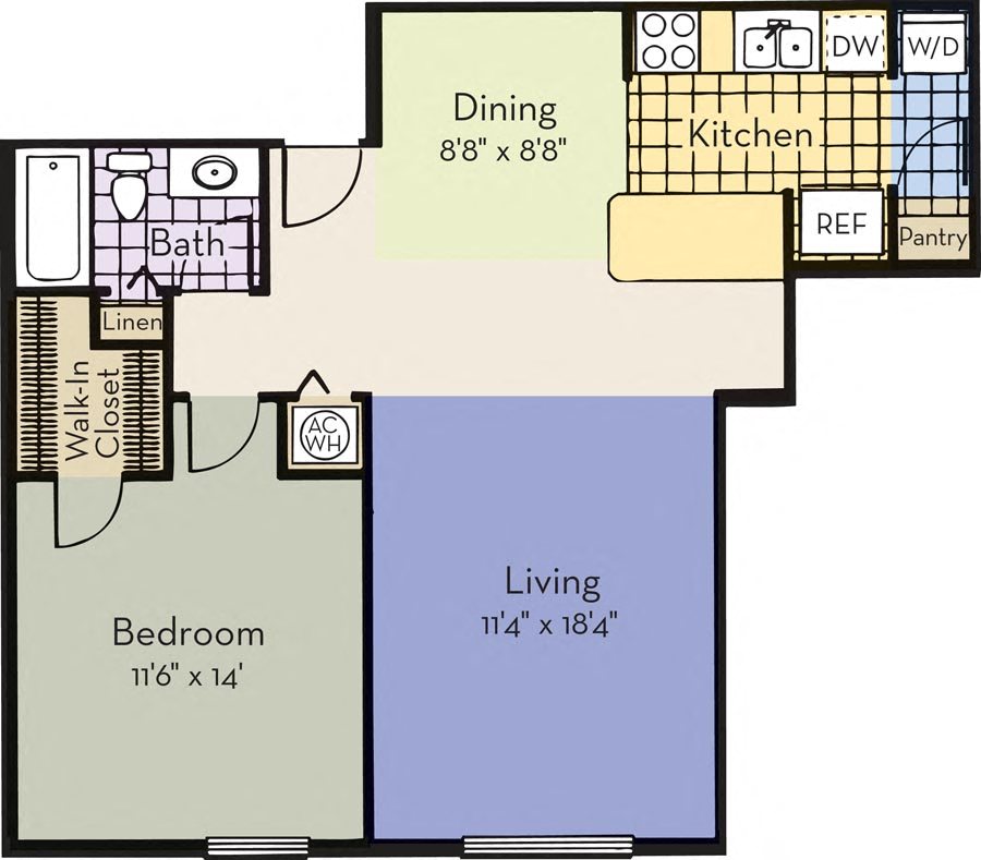 Floor plan for 1 bed, 1 bath, 840 sqft
